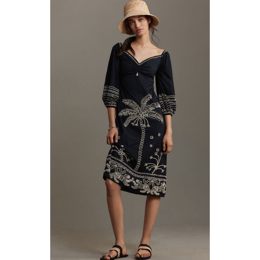 Farm Rio Anthropologie Midi Dress Black Sweetheart Cutout Bead Preppy Small NWT